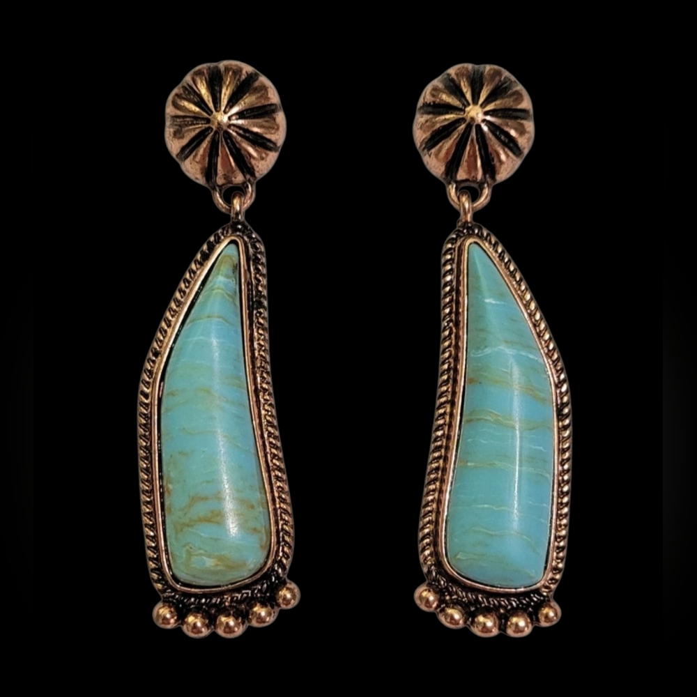 Southwest Turquoise And Copper Drop Earrings New - Picture 2 of 3